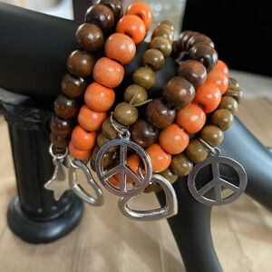 Beaded Charm Bracelet Stack with Peace & Heart Charms - Orange & Brown